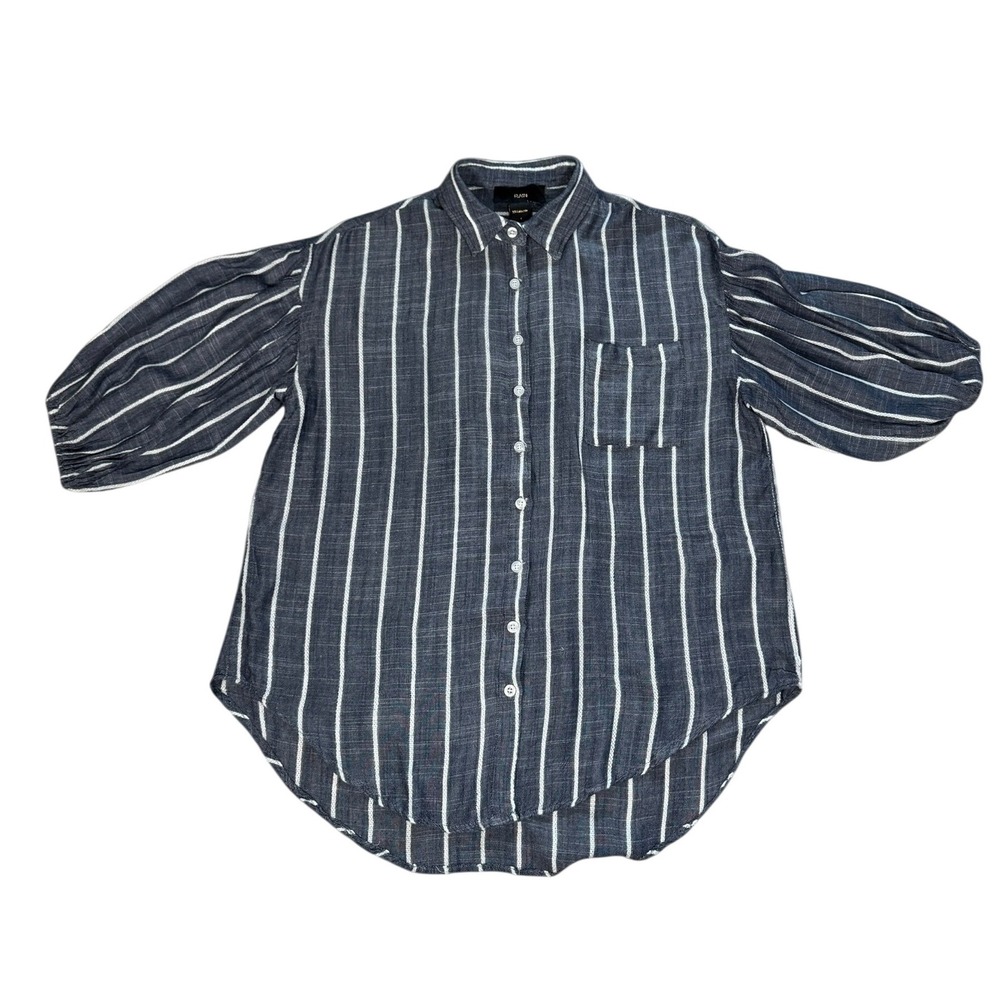 RAIN Women's Navy White Pinstripe Puff Sleeve Button Up Blouse Size S